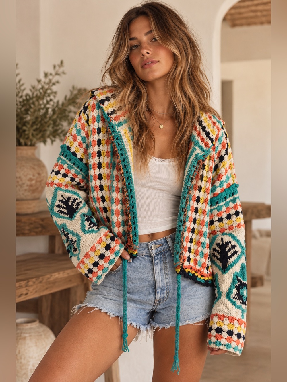 Free People Baja Baby Crochet Open Cardigan Hooded Sweater Multicolor